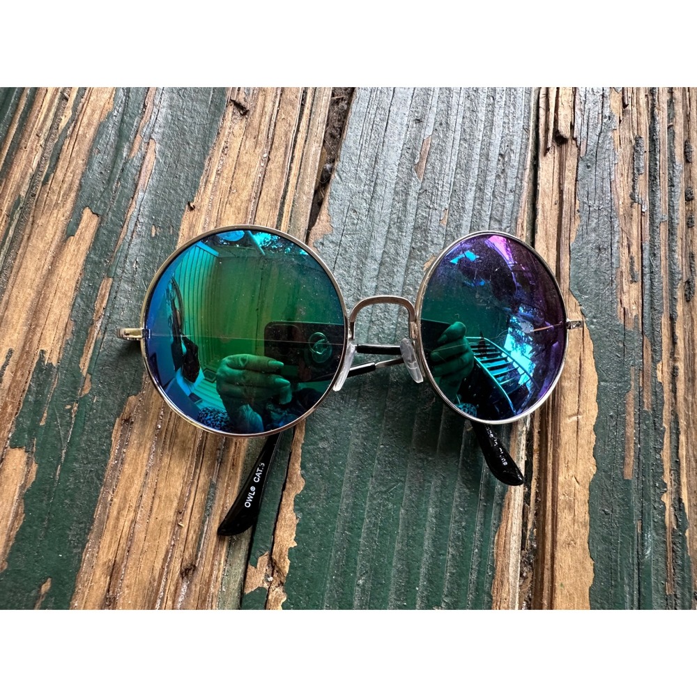 Owl Eyewear Round Mirrored Sunglasses Blue Purple Silver Tone Retro Circle A3108